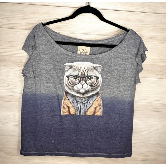 Chaser Gray Ombre Cat Lover Cat with Glasses Graphic Tee Size Small NWT - Picture 1 of 8